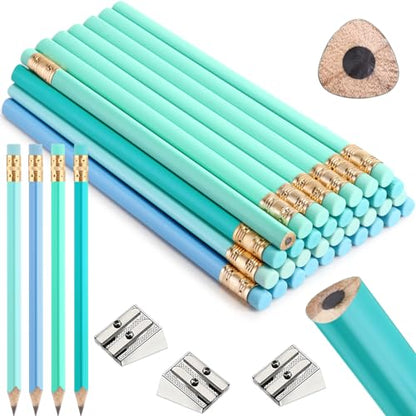 Fainne 48 Pcs Fat Pencils Jumbo Big Thick Large Pencils and 3 Pieces Sharpeners for Kids Beginners Preschoolers Kindergarten School Office Supplies(Turquoise Blue Series,Triangle) - color: Turquoise Blue Series, style: Triangle