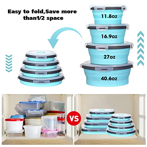 Mimorou 8 Pcs Collapsible Food Storage Containers Foldable Silicone Lunch Containers with Lids 4 Silicone Rectangle Collapsible Bowls and 4 Round Food Bowls Microwave Freezer Dishwasher Safe (Blue) - color: Blue