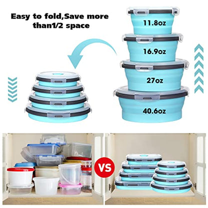 Mimorou 8 Pcs Collapsible Food Storage Containers Foldable Silicone Lunch Containers with Lids 4 Silicone Rectangle Collapsible Bowls and 4 Round Food Bowls Microwave Freezer Dishwasher Safe (Blue) - color: Blue