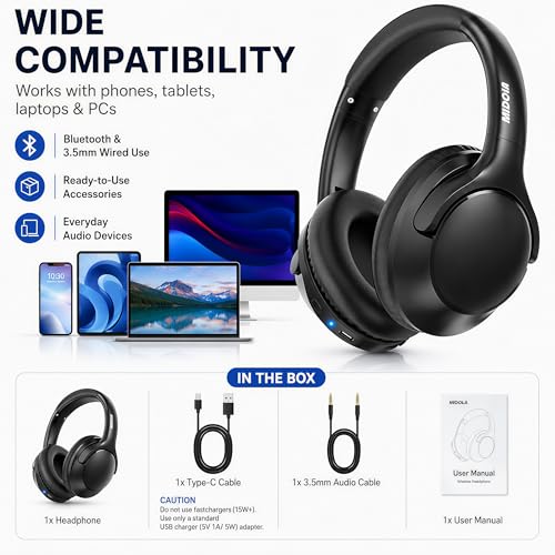 MIDOLA Bluetooth Headphones Over Ear, 68H Playtime Wireless Headphones with Microphone, 6 EQ Modes, HiFi Stereo Deep Bass, Foldable Lightweight Headset for Home Office, Cellphone, PC, Black - color: Black