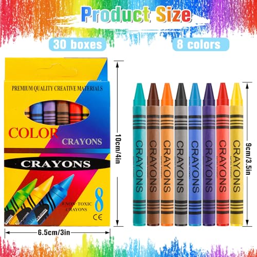 Jeffbaubl Bulk Crayons, 30 Boxes of 8-Pack Multicolor Crayons, Washable, Ideal for School, Party Favors