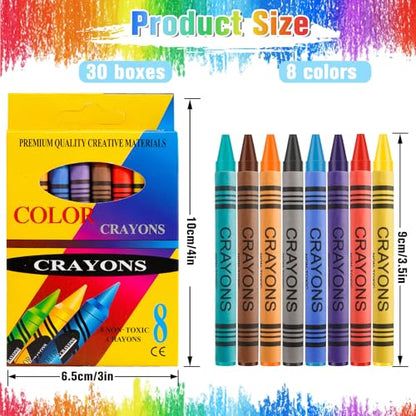 Jeffbaubl Bulk Crayons, 30 Boxes of 8-Pack Multicolor Crayons, Washable, Ideal for School, Party Favors