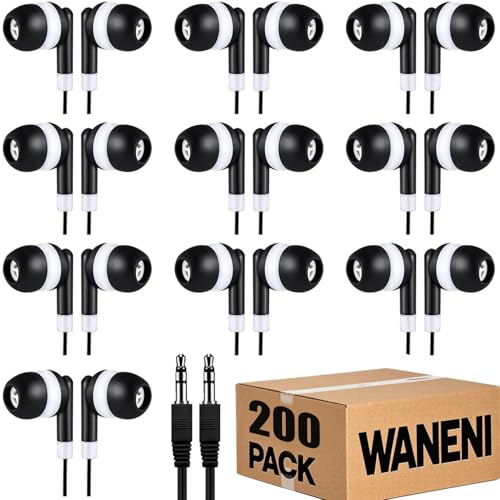 Wholesale Bulk Earbuds Headphones 200 Pack Class Set for School Classroom Students Kids Children Toddler Boys Girls Teen Adults(Black,200 Pack) - color: Black, size: 200 Packs