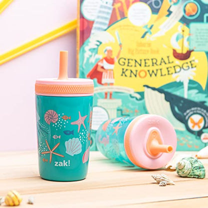 Zak Designs Shells Kelso Tumbler Set, Leak-Proof Screw-On Lid with Straw, Bundle for Kids Includes Plastic and Stainless Steel Cups with Bonus Sipper (3pc Set, Non-BPA) - color: Shells, size: 3 Piece Set (Pack of 1)