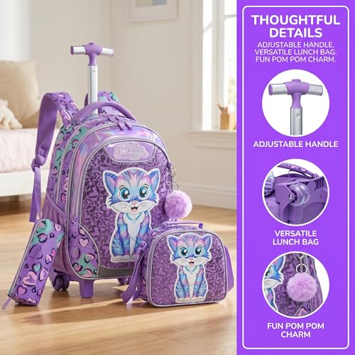 Kids Rolling Backpack for Girls Cat Trolley Suitcases Luggage with Wheels Bookbag Wheeled 3pcs on Lunch Box Pencil Case Elementary Teenagers Purple for Girls Age 5-12 - color: Purple-0130-maomi