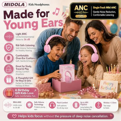 MIDOLA Active Noise Cancelling Kids Bluetooth Headphones,68H Play Time,Lightweight Wireless Foldable Over-Ear Headphone for Kid Toddler,Volume Limited 85/94dB,Headsets with Built-in Mic Pink - color: Pink