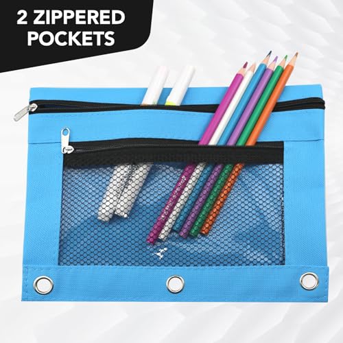 3 Ring Pencil Pouch for Binder, 2-Pocket Zipper Pencil Case with Clear Window & Mesh Pocket, 600D Oxford Fabric Binder Pouch for School Office Supplies, Fits Standard 3-Ring Binders, Sky Blue - color: Sky Blue