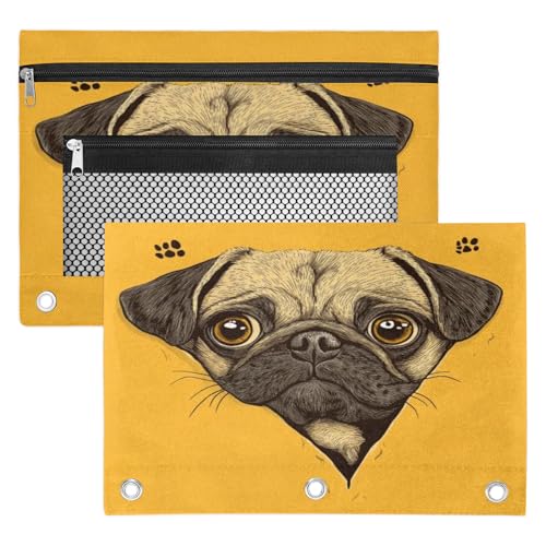 Cute Pug Pencil Pouch for 3 Ring Binder Dog Yellow Pencil Case Bag with Clear Window Zipper Pockets for Kids Girls Boys Students School College Supplies 2 Pack - color: Yellow Brown