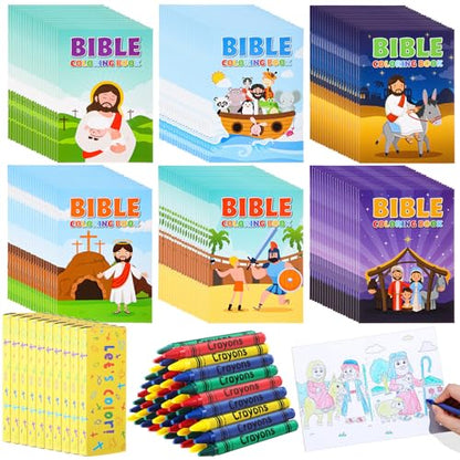 Gilprop 48 Set Bulk Christian Coloring Books with Crayons for Kids Bible Religious Drawing Books Bulk Christian Story Activity Supplies, DIY Sunday School Crafts, Bible Party Favors Gifts