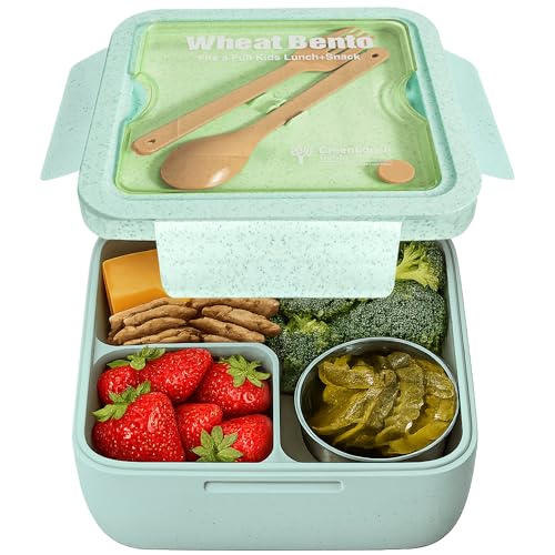 GreenLunch Bento Lunch Box for Kids, Large 2-Compartment, Durable and Microwave Safe, BPA-Free with Utensils, Wheat Straw Bento Box for Kids – Green - color: Green