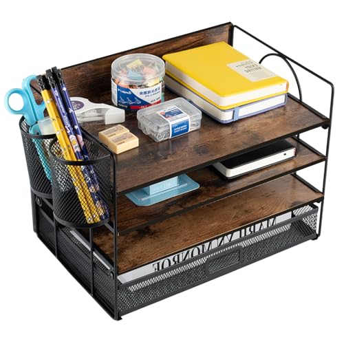 4 Tier Desk Organizers and Accessories, Paper Letter Tray Organizer,Vintage Wood Desk File Organizer with Drawer and 2 Pen Holders for School Home Office Supplies