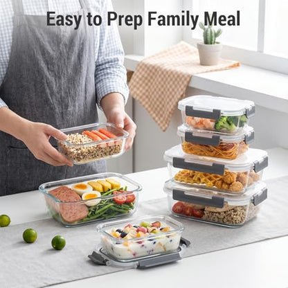 Dealusy 10 Sets (20-Piece) 36 oz & 12 oz Glass Food Storage Containers with lids, Airtight Leak-proof Glass Meal Prep Containers with Lids, Microwave Oven Freezer Dishwasher Safe, Gray - color: Gray