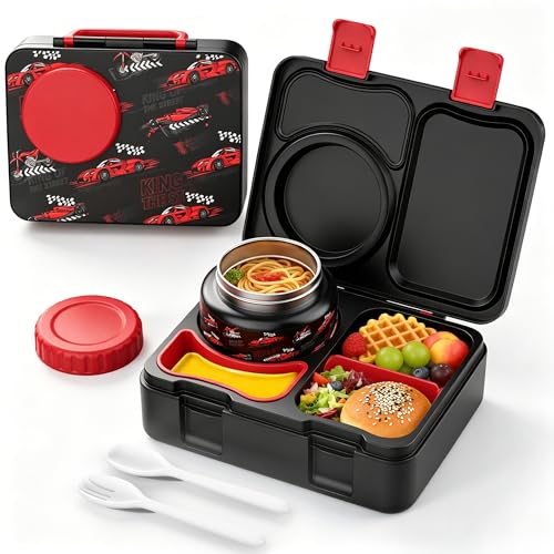 Kids Lunch Box with Thermo, Leakproof Bento Box for Kids with 8OZ Insulated Food Jar, Ice Pack, Sauce Cup, Utensils, Removable Tray & Dividers for School Daycare Travel (Racing cars) - color: Racing cars