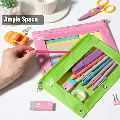 Mr. Pen- Pencil Pouch for 3 Ring Binder, 2 Pack, 10"x6.75", Smooth Zipper | Clear Window, Large Capacity Pencil Case with 3 Reinforced Grommets for School, Office, Supplies Storage | Clear Window, Large Capacity Pencil Case with 3 Reinforced Grommets for