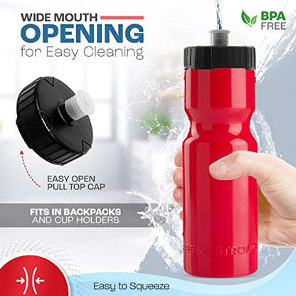 50 Strong Sports Water Bottles – Reusable 22 oz BPA-Free Plastic Bottles with Pull Top Cap – Made in USA – Top Rack Dishwasher Safe – Fits Most Bike Cages Brand - color: Red, style: 6 Pack