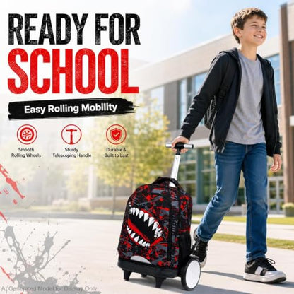 3Pcs Large Rolling Backpack for Boys, 20 Inch Detachable Light Up Wheeled Bookbag with Lunch Box, Durable Graffiti Shark Roller Backpack for Elementary Middle School (Red) - color: Large Wheels Mouth Red