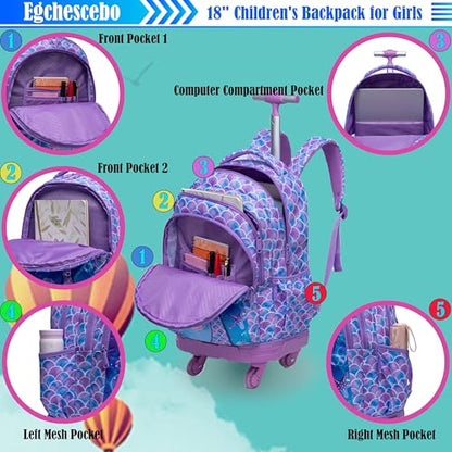 Kids Rolling Backpack for Girls Mermaids Suitcases Trolley Roller Luggage Backpacks with 360° Rotating Wheels 15" Laptop Lunch Box Pencil Case for Elementary 18" Travel School Bag Purple - color: Purple-yuwei-1220