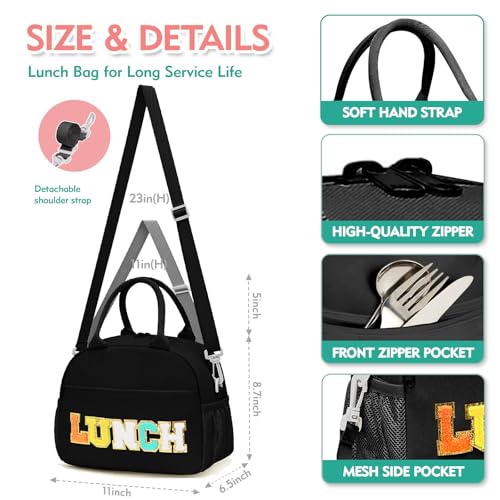 Lunch Bag for Girls and Women, Cute Preppy Lunch Bag with Chenille Letters, Insulated Large Capacity Lunch Tote with Detachable Strap for School, Work & Picnic, Black - color: Black