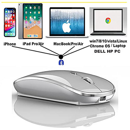 Rechargeable Bluetooth Mouse Wireless Bluetooth Mouse for iPad pro iPad Air Mac MacBook Pro MacBook Air Laptop Chromebook Windows HP DELL (Silver) - color: SILVER