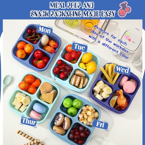 Honeydak 5 Pack Snack Containers 4 Compartment Bento Snack Boxes Reusable Lunchable Containers with Lids Divided Meal Prep Lunch Food Storage Box for School Work Travel(Blue Ombre,Equal) - color: Blue Ombre, style: Equal