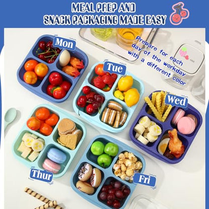 Honeydak 5 Pack Snack Containers 4 Compartment Bento Snack Boxes Reusable Lunchable Containers with Lids Divided Meal Prep Lunch Food Storage Box for School Work Travel(Blue Ombre,Equal) - color: Blue Ombre, style: Equal