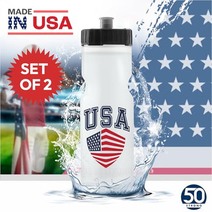 50 Strong Sports Water Bottles – Reusable 22 oz BPA-Free Plastic Bottles with Pull Top Cap – Made in USA – Top Rack Dishwasher Safe – Fits Most Bike Cages Brand - color: Custom, style: 2 Pack