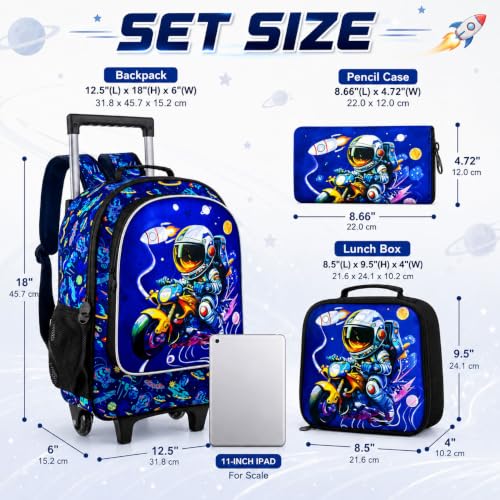 HPJGD 3PCS Astronaut Rolling Backpack for Boys, Kids School Backpacks with Wheels, Water Resistant UV Printed Roller Wheeled Bookbag Set - color: Boys Motorbike Astronauts Rolling Backpack Blue