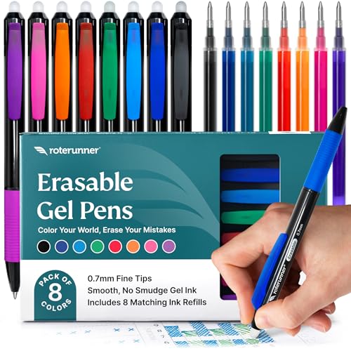 Roterunner Erasable Gel Pens (8 Pack) with Refills – 0.7mm Retractable Fine Point Smooth Writing Pens for Journaling, Note Taking & Office Use (Black Casing) - style: Black Casing
