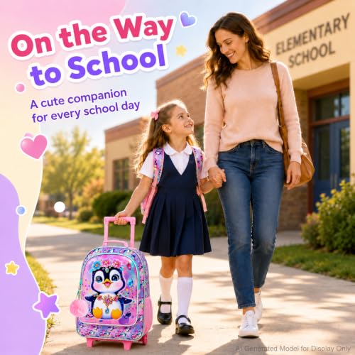 3Pcs Rolling Backpack for Girls, Penguins Kids School Backpacks with Wheels, Roller Bookbag with Lunch Box for Elementary Preschool(Pink) - color: Penguin Pink