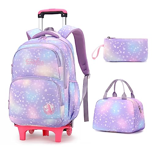 3Pcs Rolling Backpack for Girls Dream Princess Wind Bookbag with Wheels Travel Bag Trolley School Bag with Lunch Box Purple - color: 3 Pcs Purple-2 Wheels, size: 3 Pcs 2 wheels