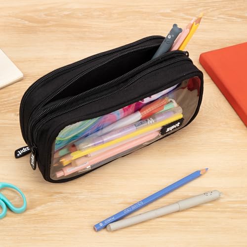 ZIPIT Half & Half Pencil Case, 3 Compartment Zipper Pouch for School, Stationery Bag for Teen Girls Boys and Adults, Black - color: Black Glow