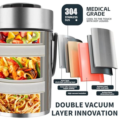 67oz Upgraded Thermos for Hot Food, 3-Layer Stackable Food Thermos, Soup Thermos Jar with Insulated Bag, Ideal for Office, Outdoor Meals, and Various Occasions (67 oz Silver) - color: 67 oz Silver