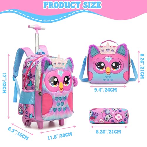 Backpack with Wheels for Girls,Rolling Backpack for Kids 6-8,Lightweight Wheeled School Backpack with Pencil Case,Cute Owl Bookbag for Students - color: Purple Owl