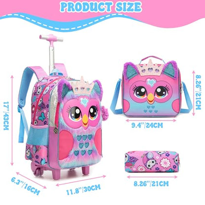 Backpack with Wheels for Girls,Rolling Backpack for Kids 6-8,Lightweight Wheeled School Backpack with Pencil Case,Cute Owl Bookbag for Students - color: Purple Owl