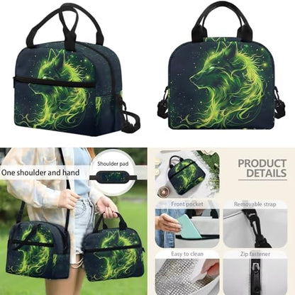 17 Inch Kid's 4PCS Backpack Set, Back to School Essentials | Insulated lunch box, water bottle pouch, pencil case, lightweight, padded shoulder straps, for elementary, middle school - color: Green Wolf