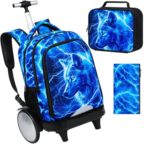 3Pcs Large Rolling Backpack for Boys, 20 Inch Detachable Wheeled Bookbag with Lunch Box, Durable Lightning Wolf Roller Backpack for Elementary Middle School (Blue) - color: Large Wheels Wolf Blue