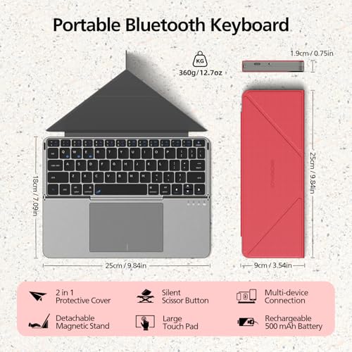Mircopack Foldable Bluetooth Keyboard with Touchpad and Stand for iPad/iPhone/MacBook,3-Device Ultra Slim PU Leather Magnetic Cover Portable Rechargeable Keyboard for macOS and iOS-Red - color: Red