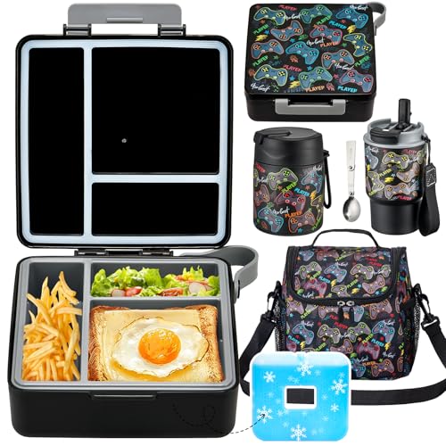 Pawtong Lunch Box Set with Bento Box Container, 17OZ Stainless Steel Food Soup Thermo, Kids Water Bottle & Portable Insulated Lunch Bag – Leakproof, Hot/Cold Retention for School, Travel (Black-Game) - color: Black-Game