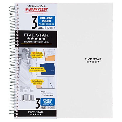 Five Star 06210 Wirebound 3-Subject Notebook, College Rule, 11 x 8 1/2, 150 Sheets, Assorted - size: 150