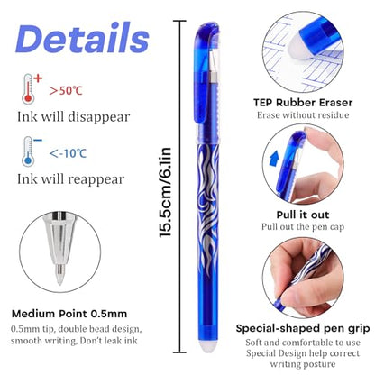 8 Pack Blue Ink Erasable Gel Pens, 0.5mm Fine Point, Flame Patterned Barrel, Comfortable Grip, with Eraser, Ideal for Journaling, School Work, Office Tasks, Note Taking, DIY Projects - color: 8 Blue