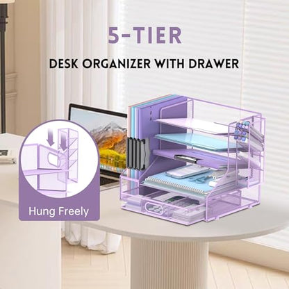 5-Tier Desk Organizer with File Holder & Pen Holder & Drawer, Purple | Mesh Metal Paper Letter Tray for Papers, Mail, Office Supplies, and Desk Accessories - color: Purple