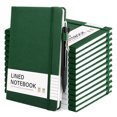 Aodaer 12 Set Lined Notebook Journals with Pens A5 Notebooks 100 GSM College Ruled Hardcover Notebook PU Leather Notepad with Pen Holder for Office School, 5.7 x 8.3 Inches, Dark Green - color: Dark Green