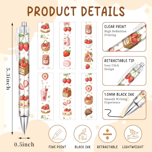 6 Pcs Cute Strawberry Pens for Girls Teens, Kawaii Fruit Ballpoint Pen Set, Aesthetic School Supplies, Teacher Gifts, Classroom Rewards, Cute Office Accessories