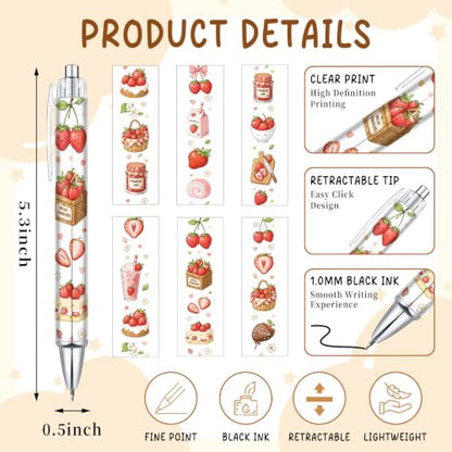 6 Pcs Cute Strawberry Pens for Girls Teens, Kawaii Fruit Ballpoint Pen Set, Aesthetic School Supplies, Teacher Gifts, Classroom Rewards, Cute Office Accessories