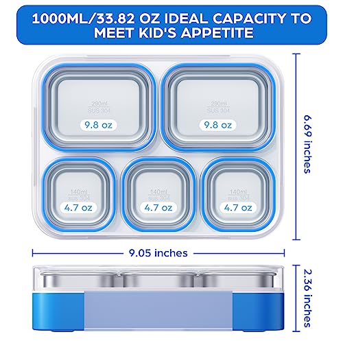 Bento Box Stainless Steel Lunch Box Set with for Lunch Bag Kids Adult 5-Compartment Leakproof Insulated Lunch Containers with Utensils for School Works, Metal Lunchbox Tray BPA-Free (Blue)
