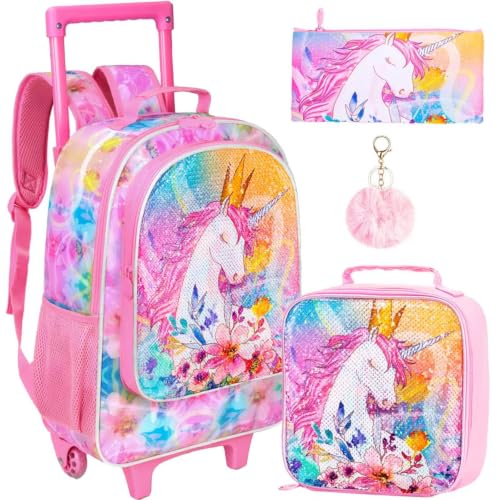 CCJPX 3PCS Kids Rolling Backpack for Girls, Unicorn Sequin Roller Wheeled Bookbag Toddler Elementary School Bag with Wheels - color: Unicorn Sequin Pink