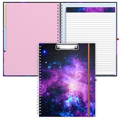 Rimilak Spiral Clipboard Folio with Refillable Lined Notepad, 14.5 x 9.8 In, Hardcover Cover with 5 Interior Pockets, Elastic Band and Pen Loop Series. Cute Stylish Clipfolio, Galaxy - color: Galaxy