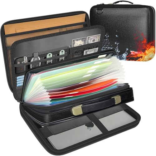 3200℉ Fireproof Briefcase 15.6in Laptop, Legal Size Organizer Filer | Includes13-pocket accordion folder,UL-94 VTM-0 Certified 6-layer,Waterproof Sealed Zippers,Dual-compartment,Bags Only