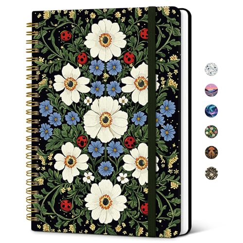 Taja Lined Spiral Journal Notebook for Women, Pretty College Ruled Notebook for Work & Note Taking, A5 Hardcover Journal for Writing, Cute Aesthetic 140 Pages, Ladybug Garden - color: F-Ladybug Garden