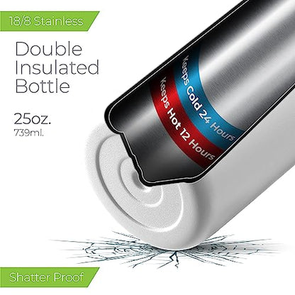 SipX™ 25 oz Insulated Water Bottle with 3 Lids – Leakproof Stainless Steel, Triple Insulated – Cold 24 Hours/Hot 12 Hours – Durable Bottle for School, Gym, Travel – White - color: White, size: 25 Ounces